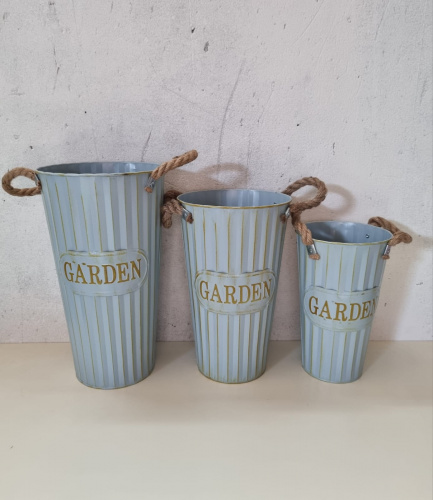 Кашпо флористическое металлическое 3в1. Цвет серо-голубой . Ручки шпагат. 