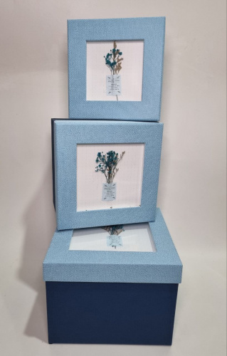 Набор коробок 3в1. С мини букетом из сухоцветов. Цвет синий. Материал плотный картон. фото 3