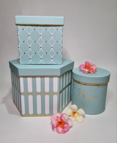 Набор коробок 3в1. Цвет бирюзовый.  Ромб, квадратные, цилиндр. фото 2