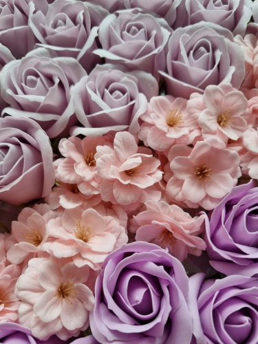 Набор цветов Лавандовый Микс. Роза 3/53, сакура  розовая. Упаковка 50 шт фото 4
