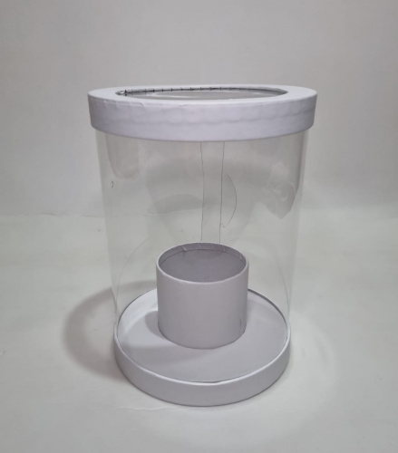 Коробка круглая прозрачная, с внутренним стаканом. Цвет белый.
