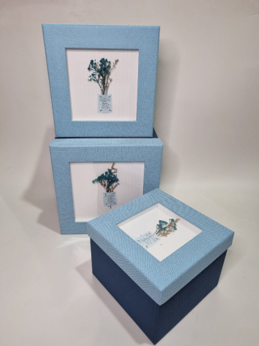 Набор коробок 3в1. С мини букетом из сухоцветов. Цвет синий. Материал плотный картон. фото 2