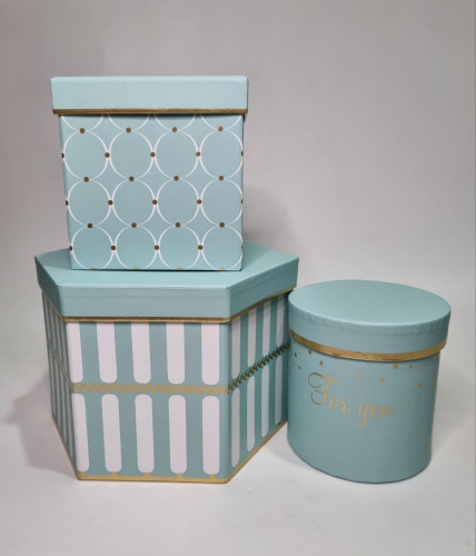 Набор коробок 3в1. Цвет бирюзовый.  Ромб, квадратные, цилиндр. фото 3