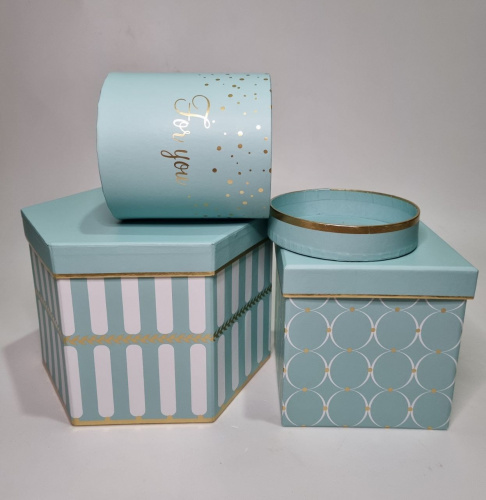 Набор коробок 3в1. Цвет бирюзовый.  Ромб, квадратные, цилиндр. фото 4